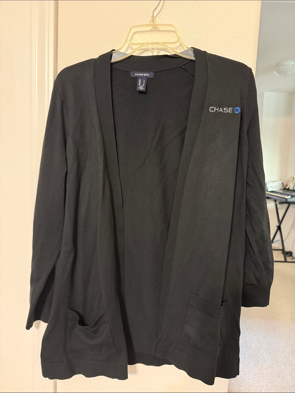 Chase Lands End Black Open-Front Cardigan with Embroidered Logo